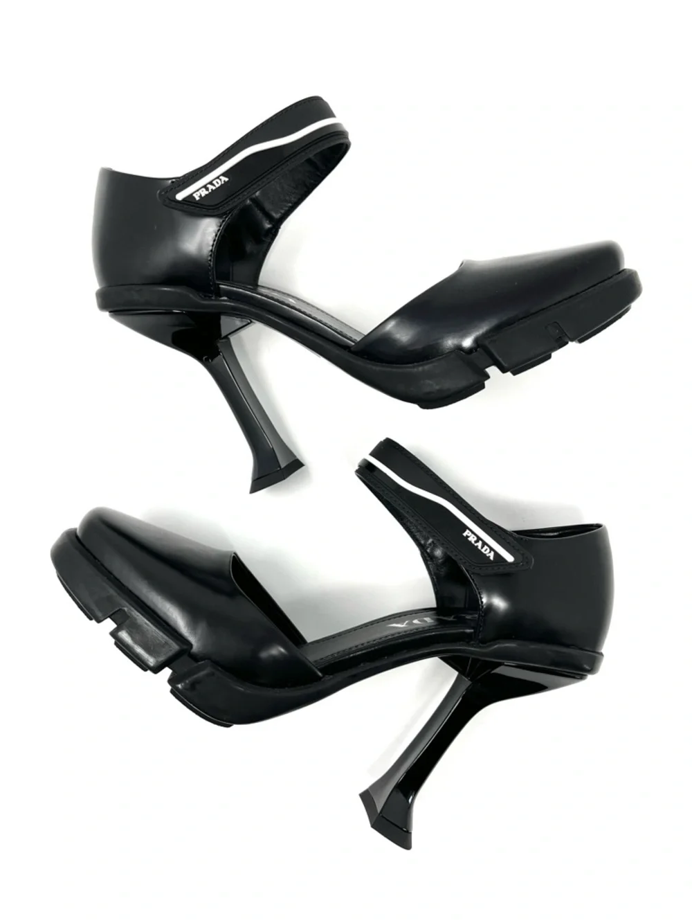 Prada Mary Jane Chunky Platform Logo High Heels Pumps Black White Leather 37 7